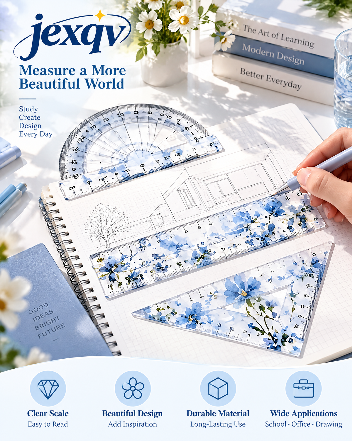 Blue Floral Geometry Ruler Set