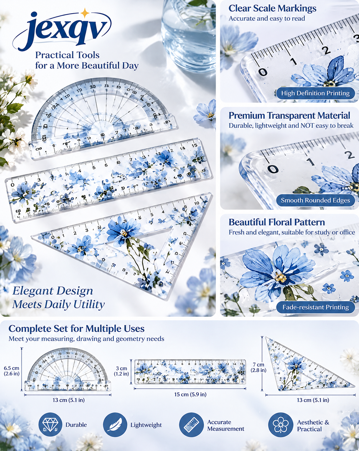 Blue Floral Geometry Ruler Set